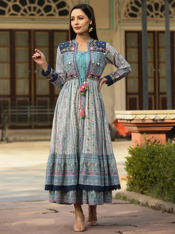 Juniper Women's Juniper Women's Sky Blue Cambric Printed With Embroidery Flared Dress Juniper Women's Juniper Women's Sky Blue Cambric Printed With Embroidery Flared Dress