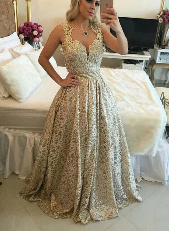 Stylish Gold Lace Long Prom Dresses Beaded Evening Dresses A-Line Formal Dresses cg6570 Stylish Gold Lace Long Prom Dresses Beaded Evening Dresses A-Line Formal Dresses cg6570
