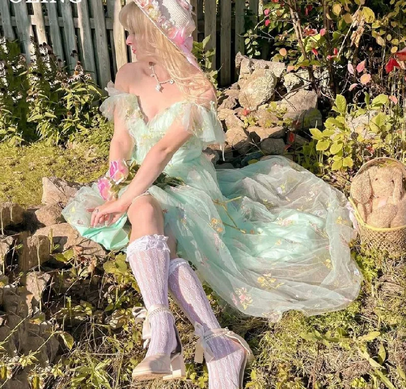 A-Line Prom Dresses Fairy Embroidery Off The Shoulder Tulle Evening Dress Special Party Gown Vestidos De Gala A-Line Prom Dresses Fairy Embroidery Off The Shoulder Tulle Evening Dress Special Party Gown Vestidos De Gala