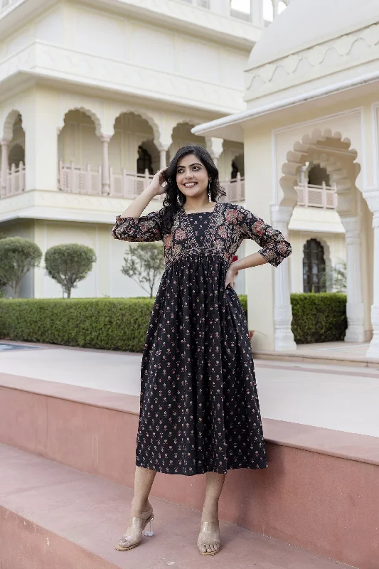 Women Black Ethnic Printed Flared Dress - Rasiya