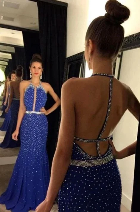 Halter Backless Sequins Long Satin Prom Dresses Evening Dresses  cg6364
