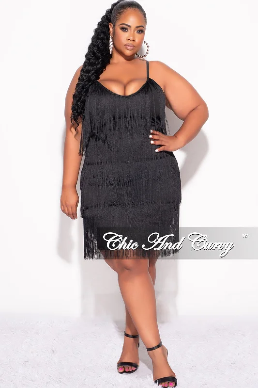 Final Sale Plus Size Spaghetti Strap BodyCon Fringe Dress in Black