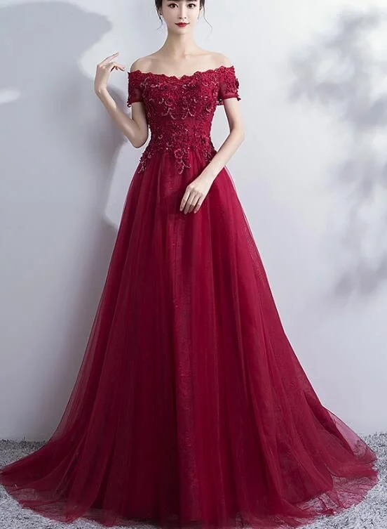 Wine Red Off Shoulder Tulle And Lace Evening Gowns, Beautiful Formal prom Dresses cg6524 Wine Red Off Shoulder Tulle And Lace Evening Gowns, Beautiful Formal prom Dresses cg6524