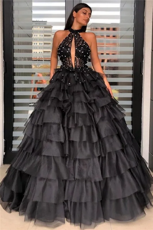 Stunning Halter Keyhole Sheer Top Sleeveless Layers Prom Dress  cg6141