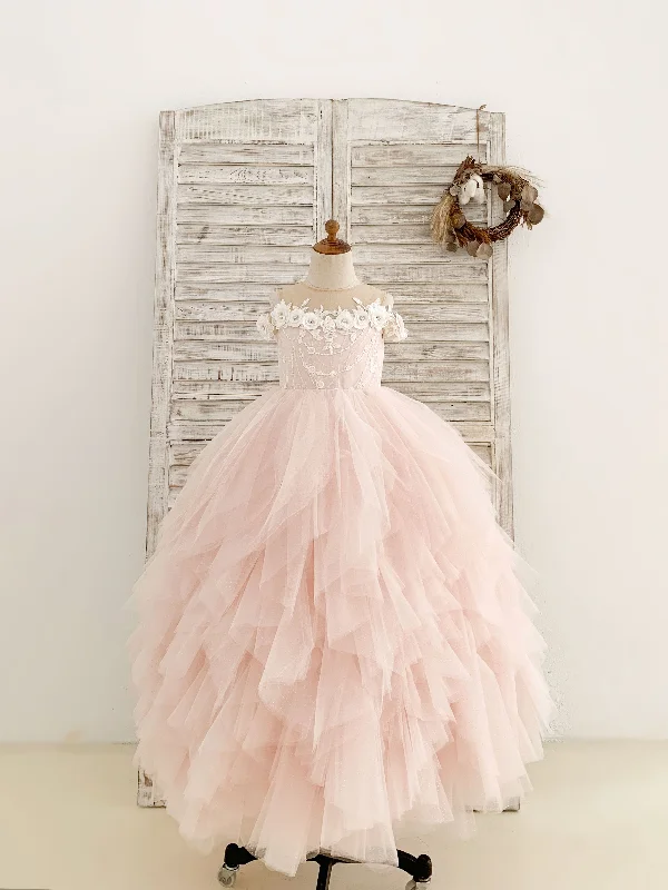 Off-Shoulder Pink Tulle Ruffle Wedding Flower Girl Dress Kids Birthday Gown