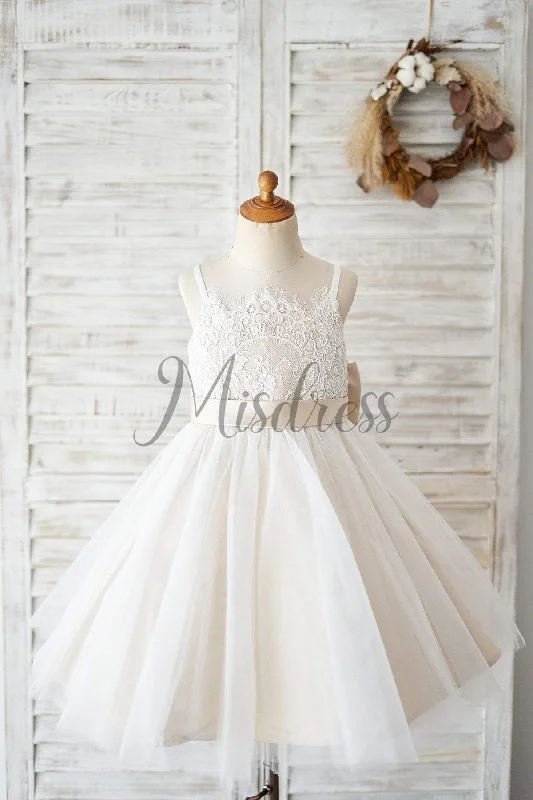 Spaghetti Straps Ivory Lace Tulle Wedding Flower Girl Dress, Champagne Lining
