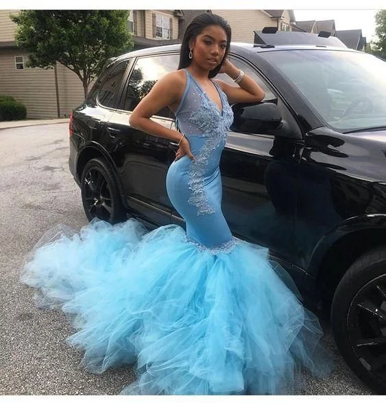 Sexy Mermaid Blue V Neck Tulle Prom Dresses With Appliques African American Prom Dresses  cg6480
