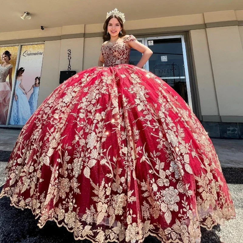 Red Glitter Sequined Ball Gown Quinceanera Dresses Off The Shoulder Gold Applique Lace Corset Vestidos De 15 Años Red Glitter Sequined Ball Gown Quinceanera Dresses Off The Shoulder Gold Applique Lace Corset Vestidos De 15 Años