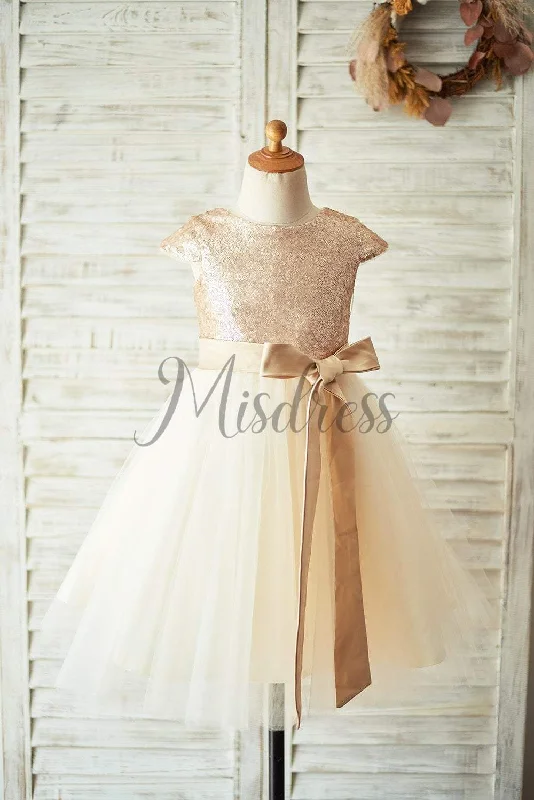 Champagne Sequin Tulle Cap Sleeves Knee Length Flower Girl Dress