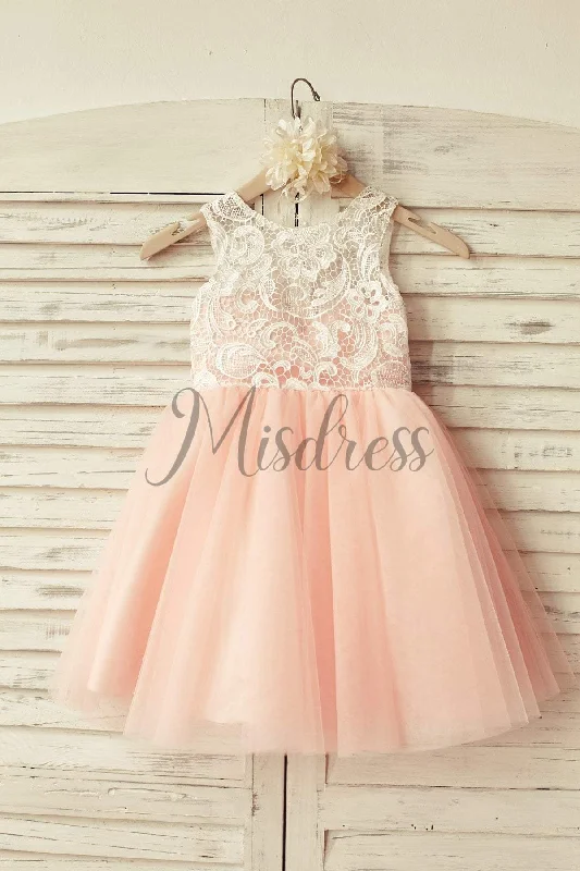Ivory Lace Pink / Red / Silver / Purple / Navy Tulle Flower Girl Dress