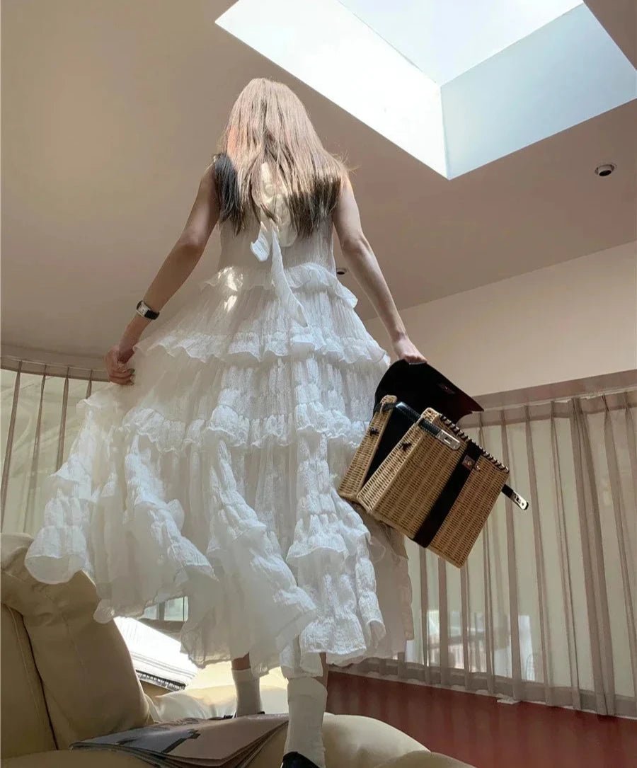 White Dress Elegant Summer Soft And Flowing Hem Cloud Oversized Cake Skirt French Square Neck Slimming Dress Femme White Dress Elegant Summer Soft And Flowing Hem Cloud Oversized Cake Skirt French Square Neck Slimming Dress Femme