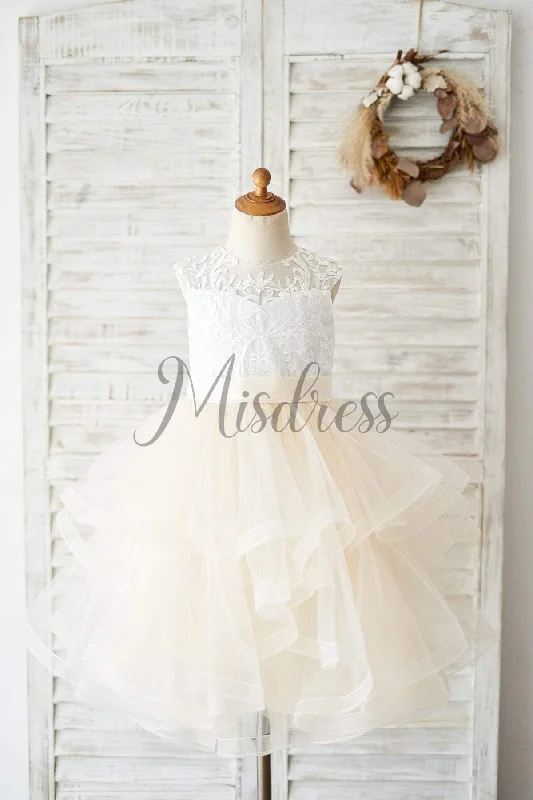 Ivory Lace Champagne Tulle Wedding Flower Girl Dress Kids Pageant Dress