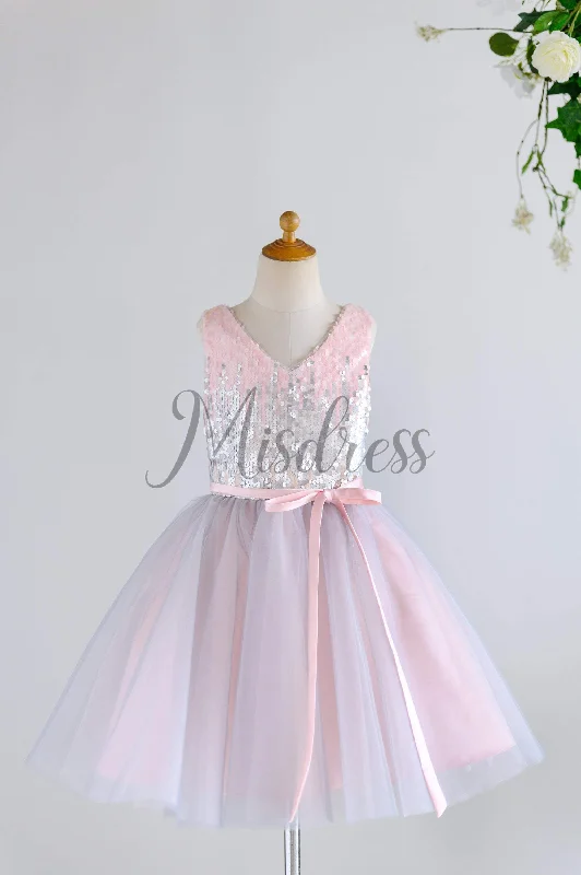 Ombre Pink Silver Gray Sequin Tulle V Neck Wedding Flower Girl Dress