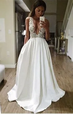 A-Line Deep V-Neck Sweep Train Backless Ivory Satin Prom Dress with Appliques Beading cg6648 A-Line Deep V-Neck Sweep Train Backless Ivory Satin Prom Dress with Appliques Beading cg6648