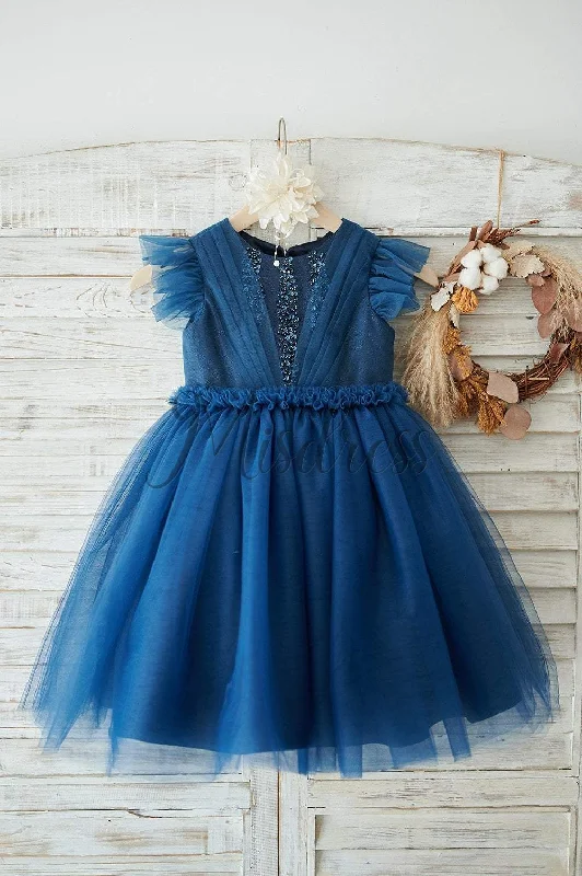 Princess Navy Blue Glitter Tulle Cap Sleeves Beaded Wedding Flower Girl Dress