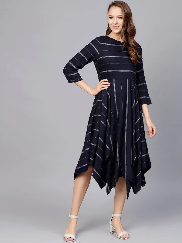 Jaipur Kurti Navy Blue & Off-White Cotton Striped A-Line Women Dress