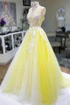 Yellow V Neck Long Prom Dress   cg6640