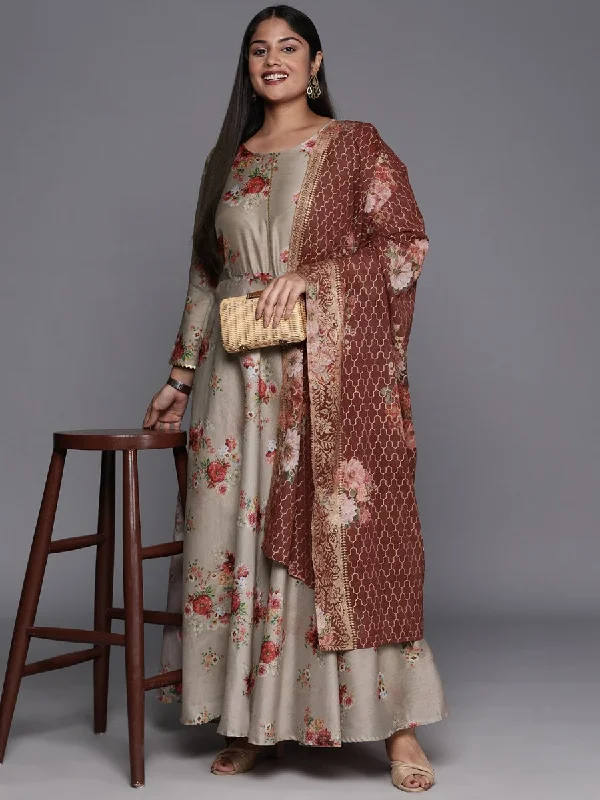 Ahalyaa Plus Size Round Neck Maxi Ethnic Dress With Dupatta