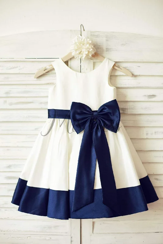 A-line Ivory Satin Knee Length Flower Girl Dress, Navy Blue Belt / Bow