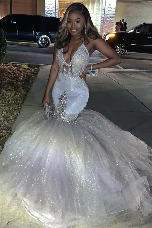 Spaghetti Straps Deep V-neck Silver Sequin Sexy Mermaid Prom Dress  cg6346