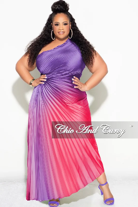 Final Sale Plus Size Satin One Shoulder Asymmetric Pleated Dress with Cut Out in Purple and Fuchsia Final Sale Plus Size Satin One Shoulder Asymmetric Pleated Dress with Cut Out in Purple and Fuchsia