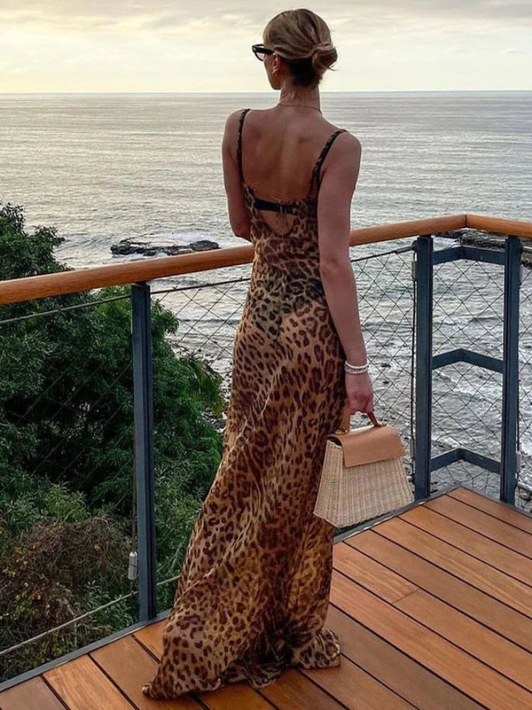 Summer Leopard Sexy See Through Dress Maxi Backless Sheer Beach Dress Lace Up Elegant Floor Length Holiday Dress Summer Leopard Sexy See Through Dress Maxi Backless Sheer Beach Dress Lace Up Elegant Floor Length Holiday Dress