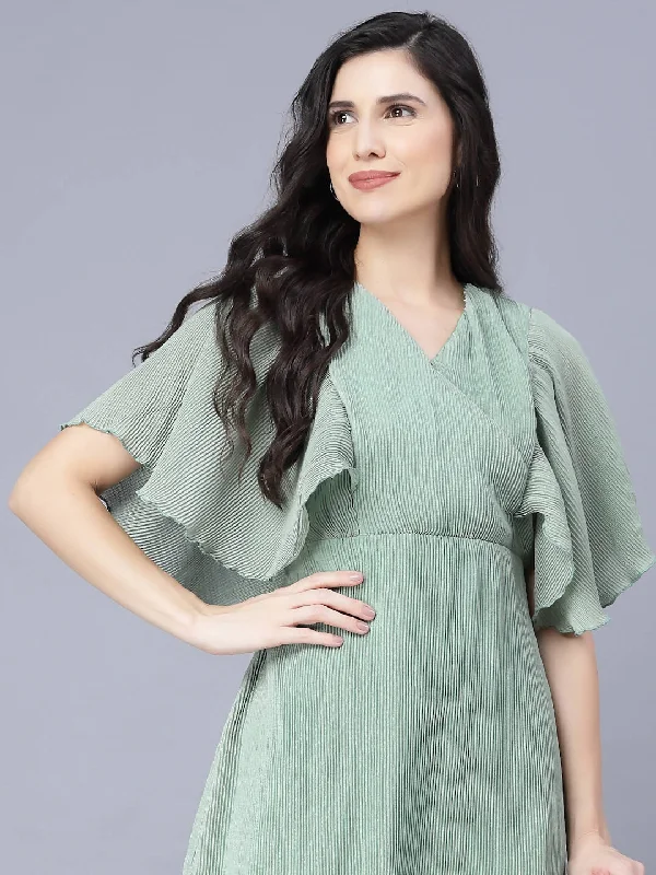 Myshka Chiffon Solid Short Sleeve V Neck Green Women Dress