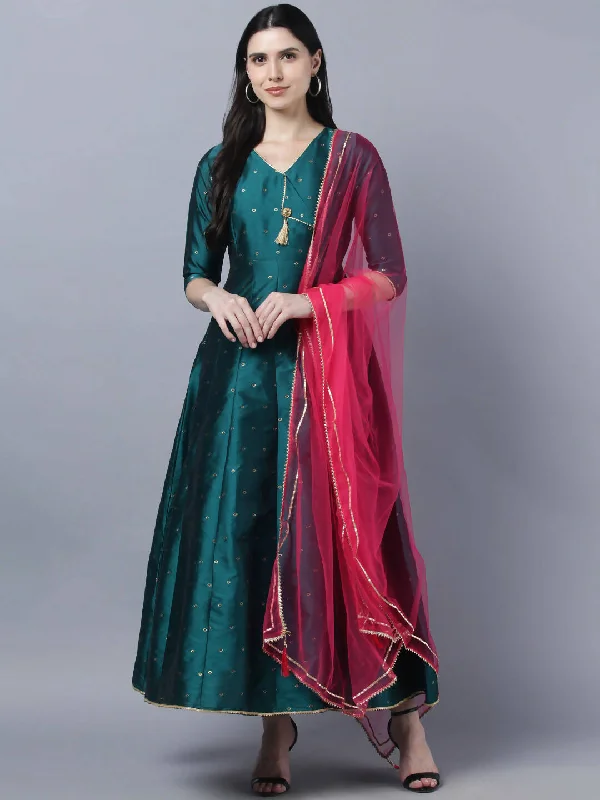 Myshka Green Red Ethnic Motifs Ethnic Anarkali Dress With Dupatta