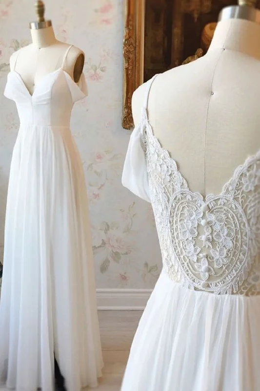 Simple white off shoulder chiffon lace long prom dress evening dress  cg6417