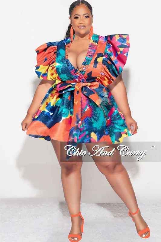 Final Sale Plus Size Ruffle Trim Babydoll Bubble Dress with Cutout Back in Dark Multi- Print Final Sale Plus Size Ruffle Trim Babydoll Bubble Dress with Cutout Back in Dark Multi- Print