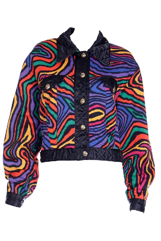 1980s Moschino Jeans Colorful Rainbow Bomber Jacket w Black Trim