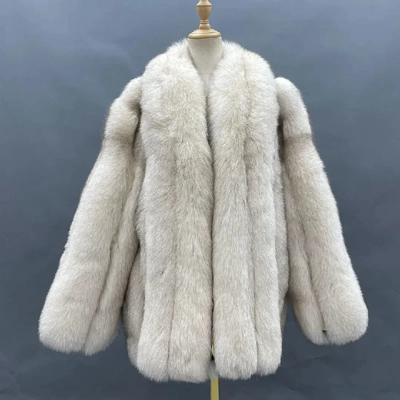 Winter Warm Clothing White Vertical Stripe Fox Fur Coat Women Elegant Luxury Genuine Fox Fur Jacket