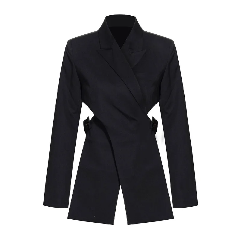 Asymmetric Cutout Peak Lapel Long Sleeve Crossover Belted Tailored Blazer