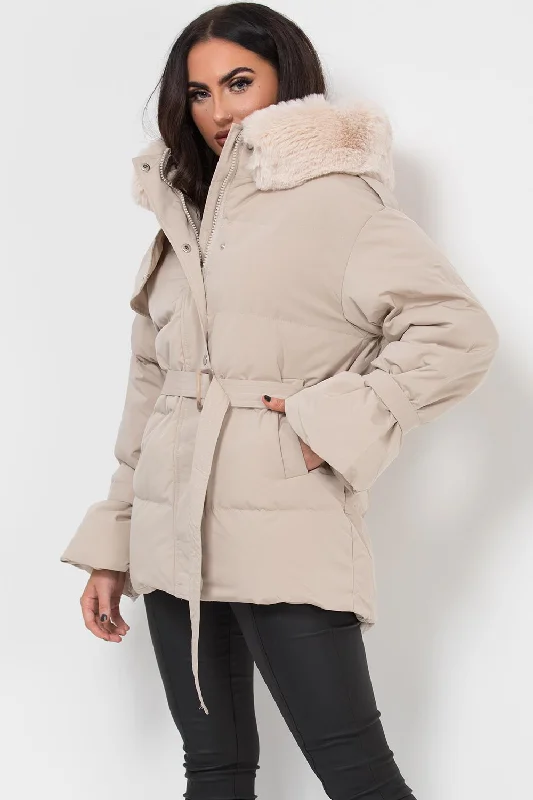 Beige Puffer Padded Coat With Faux Fur Hood