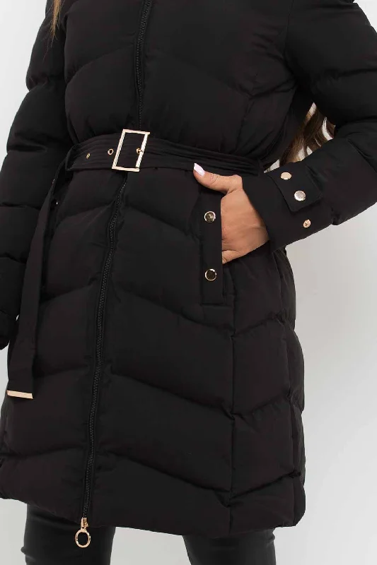 Black Long Puffer Coat With Belt And Gold Button Detail