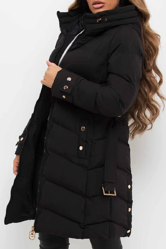 Black Long Puffer Coat With Belt And Gold Button Detail