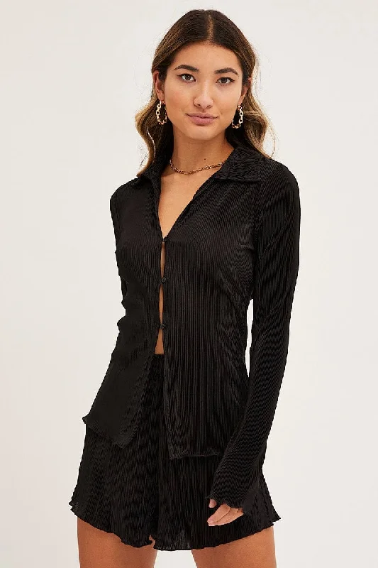 Black Plisse Shirt Long Sleeve Button Front Satin