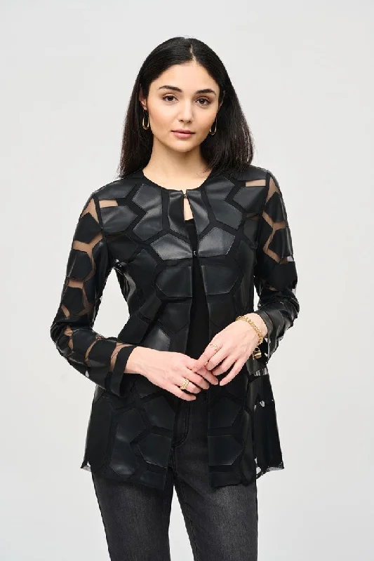 Joseph Ribkoff Black On Black Laser-Cut Leatherette on Mesh Jacket