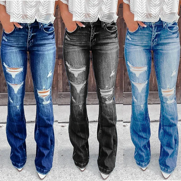 ladies distressed jeans pants ropa de mujer women skinny ripped denim jeans bootleg trousers