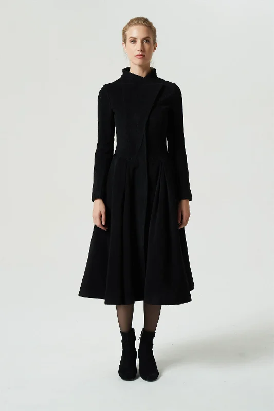 stylish long black wool coat for women 1978#