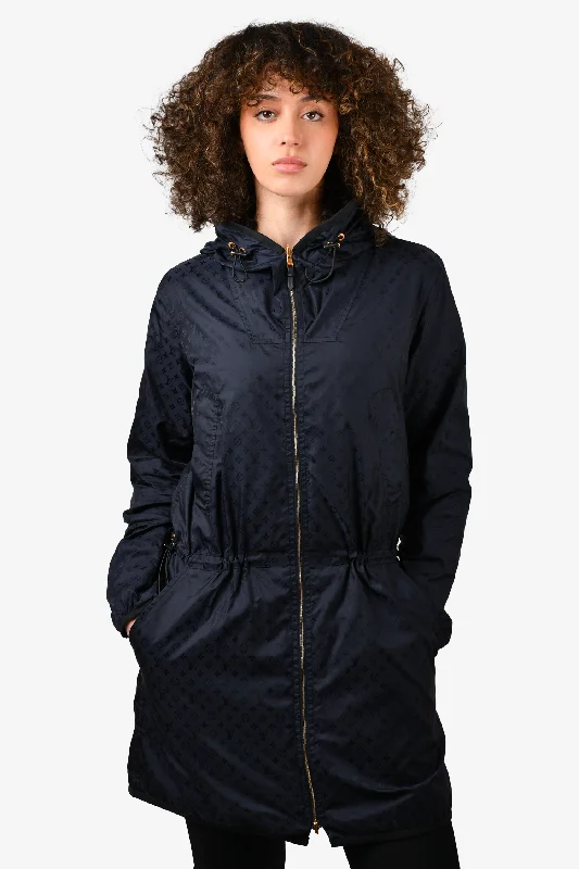 Louis Vuitton Navy Blue Monogram Reversible Nylon Windbreaker Jacket with Cinched Waist Size 34