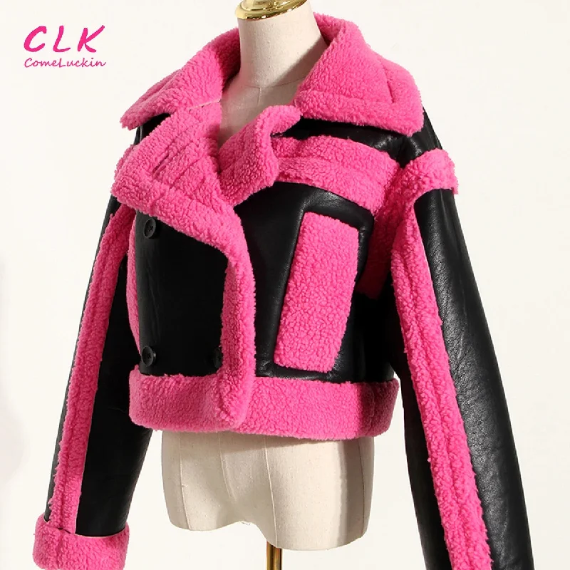 Autumn Winter Fashion Street Coat Women's High Quality Pink Contrast Color Imitation Fur Jacket For Women