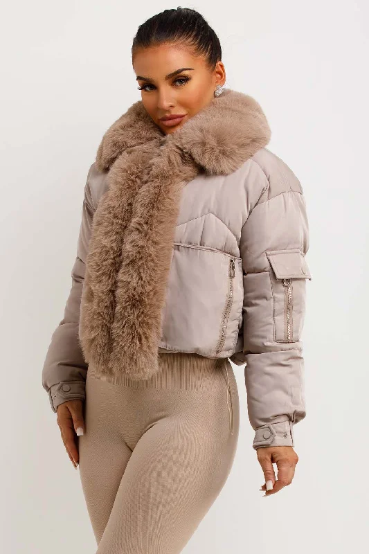 Puffer Jacket With Fur Trim Beige