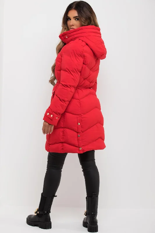 Red Long Puffer Coat With Belt And Gold Button Detail