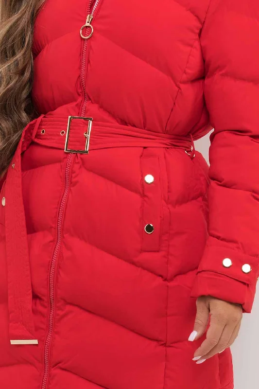 Red Long Puffer Coat With Belt And Gold Button Detail