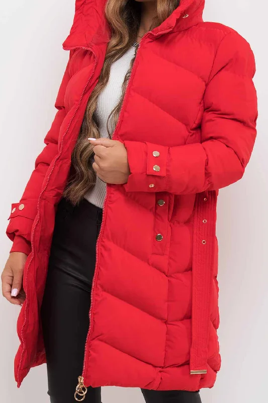 Red Long Puffer Coat With Belt And Gold Button Detail