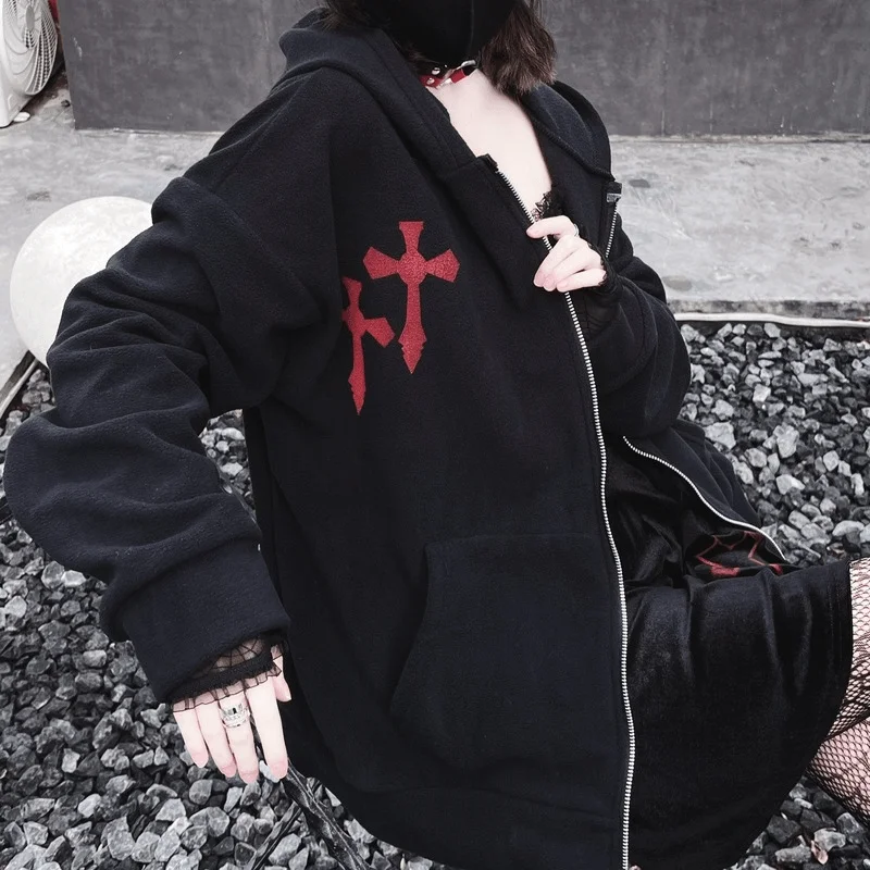 Women's Punk Cross Printed Coat with Hood