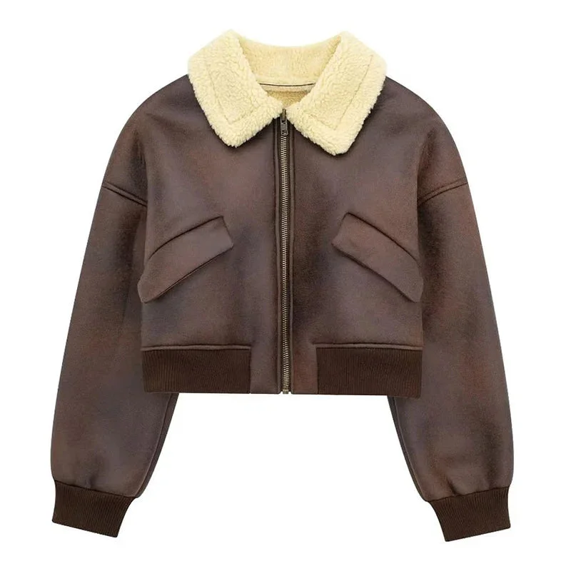 Znbbw Winter Leather Jacket Women 2024 New Female Vintage Lapel Faux Wool Belt Coat Thicken Warm Oversize Highstreet Outwear Top