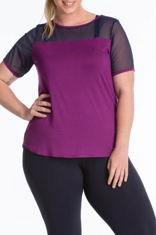 Lola Getts Short Sleeves Mesh Trim Tee -  Plum/Navy