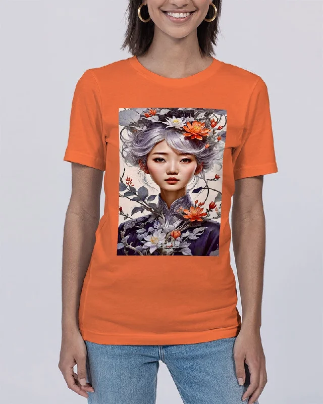 Beautiful Asian woman grey hair blossom Unisex Jersey Tee | Bella + Canvas